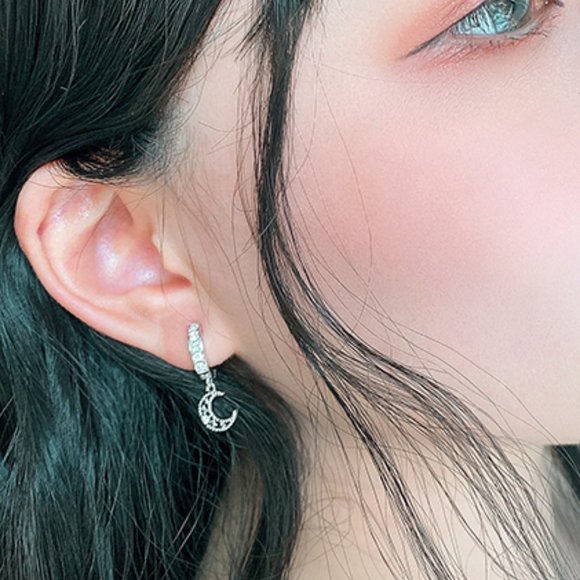 Crescent Moon Huggie‎ Hoop Pendant Earrings Australian Crystals - Picture 4 of 8